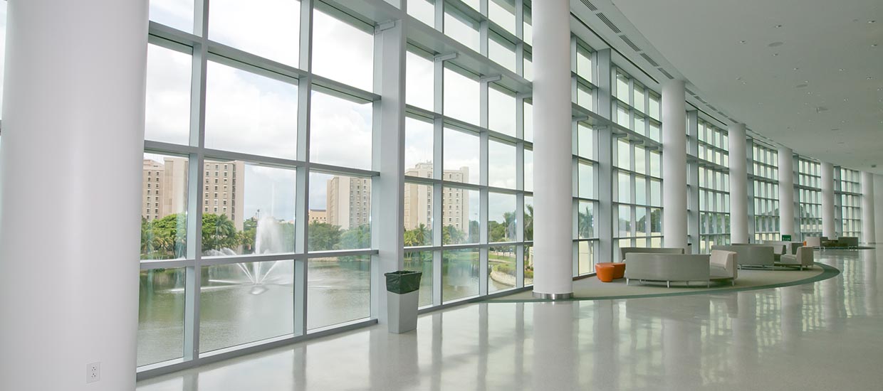 Hallway with windows outside of the Shalala Center ballrooms