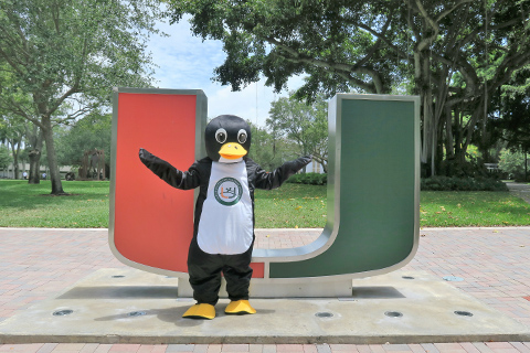 professor evo mascot outside on campus