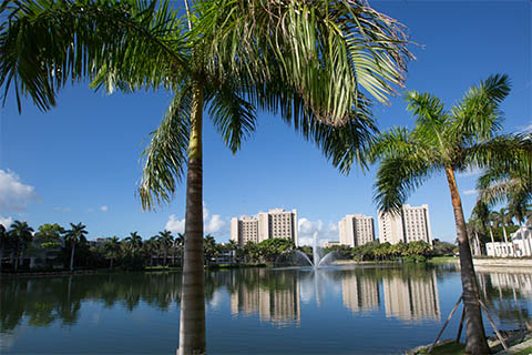 view of freshman dormitory towers and Lake Osceola