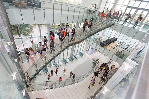 Students using the stair case in the Shalala Student Center