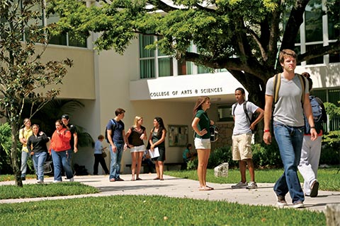 Students walking and socializing outside of the College of Arts and Sciences and Ashe buildings
