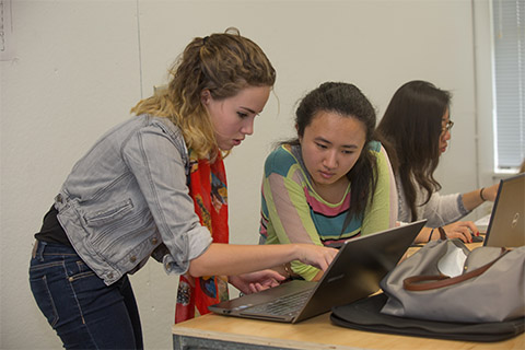 Two students working together on a laptop